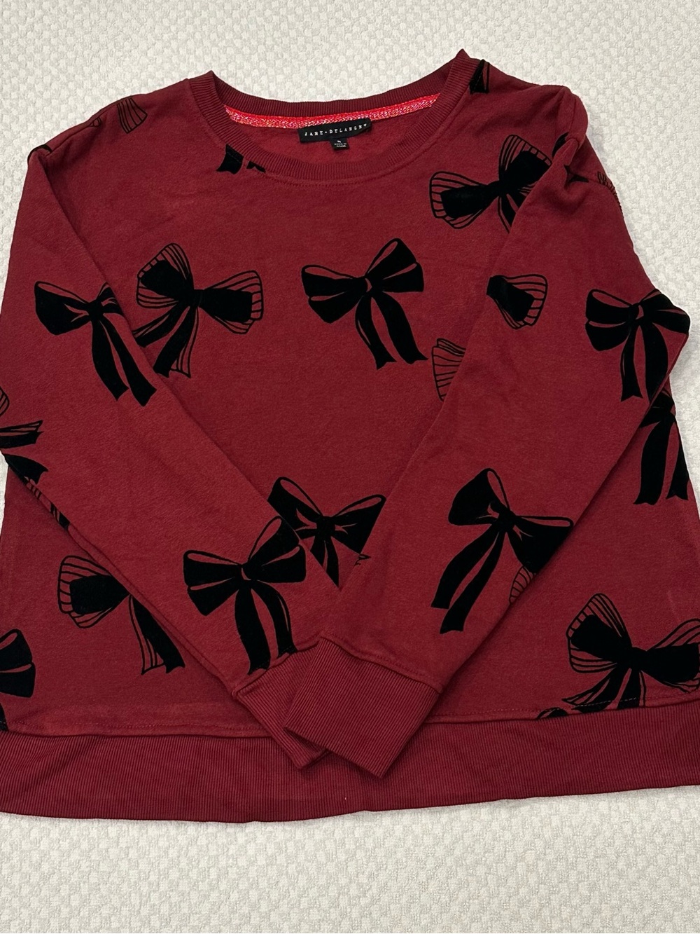 Jane and Delancey Burgundy Crewneck Sweater with Black Bow Print